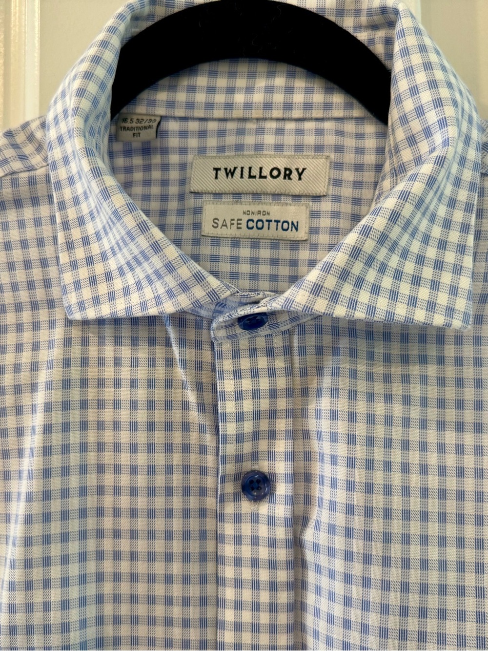 Twillory  Blue Check Pattern Button Down Dress Shirt size 16.5 No Iron
